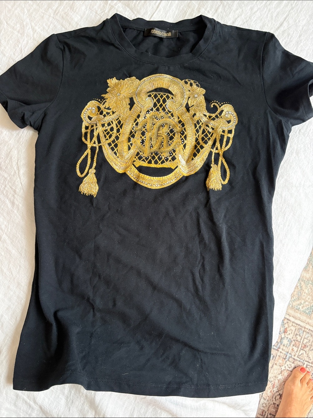 Roberto Cavalli size S black tee with gold monogram and crystals. MINT